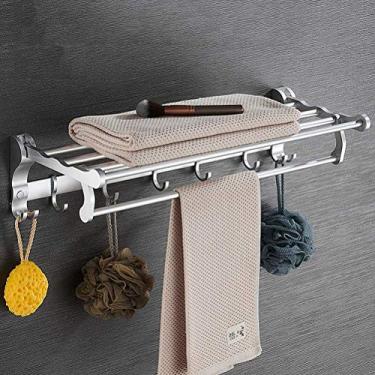 Imagem de Suporte de toalheiro montado na parede de banheiro, prateleira de toalha dobrável de alumínio espacial com ganchos removíveis, toalheiro com prateleira de armazenamento a 50 cm, B, 50 cm