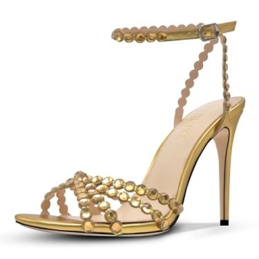 Imagem de HOCHFART Sandálias femininas de salto alto com strass e fivela de tiras, bico redondo, sexy, elegante, Dourado, 35