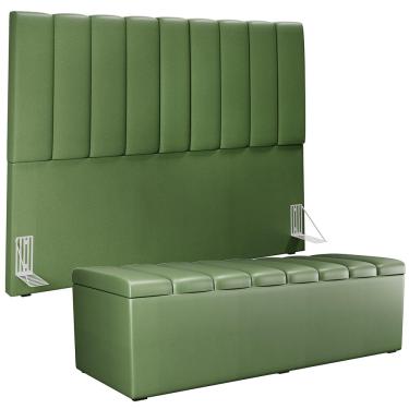 Imagem de Kit Cabeceira Cama Box Casal Queen 160cm Calçadeira Baú Dália W01 Facto Verde Musgo - Lyam Decor