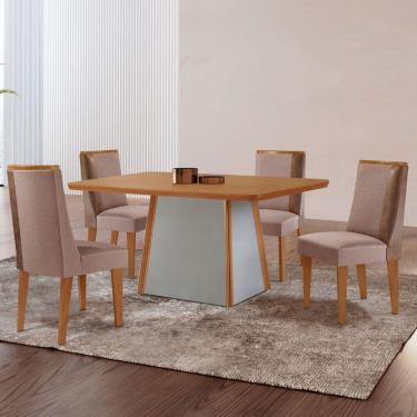 Imagem de Mesa De Jantar Diane 120cm Tampo Mdf Lam 4 Cadeiras Diane Moderna Linho Capuccino Tork Naturale Off White