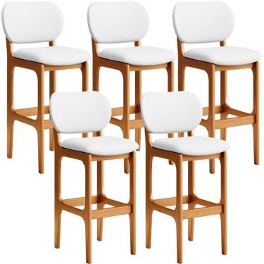 Imagem de Kit 05 Banquetas Alta Para Cozinha Madeira Fixa Betta L02 Imbuia Corano Branco - Lyam Decor