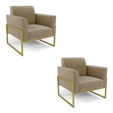 Imagem de Kit 2 Poltronas Base Industrial Alta Dourado Marisa Suede Marrom Rato D03 - D\'rossi