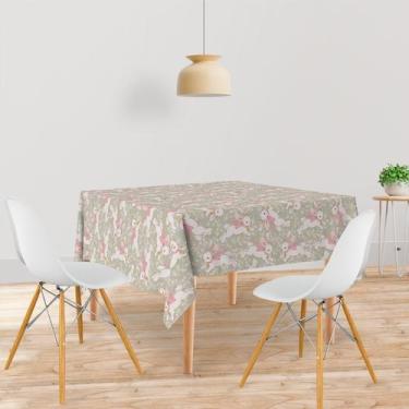Imagem de Toalha De Mesa Quadrada Tecido Oxford Coelhos Fita Rosa Floral -140x14