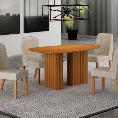 Imagem de Conjunto Sala de Jantar Tampo Orgânico Mdf 135m com 4 Cadeiras Isis Cinamomo/Palha