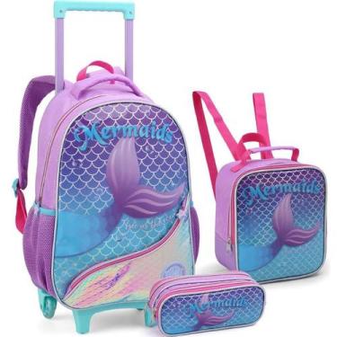 Imagem de Kit Mochila Escolar de Rodinhas Lancheira Estojo Feminina Mermaids Pri