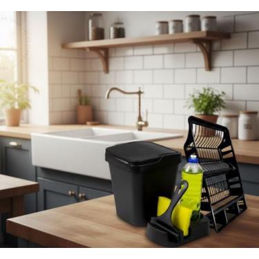 Imagem de Kit Pia Cozinha Lixeira, Rodo de Pia, Porta Detergente e Escorredor de