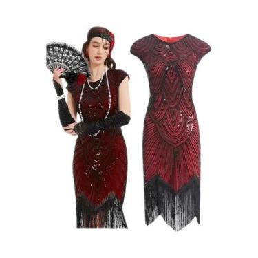 Imagem de Vestido Flapper Feminino Dos Anos 1920 Com Renda, Leque, Faixa De Cabe