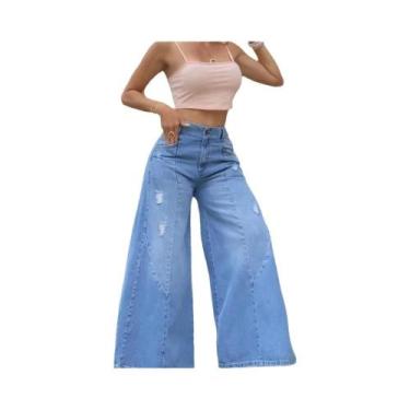 Imagem de Calça Jeans Feminina De Cintura Alta Com Pernas Largas E Rasgos, Azul 