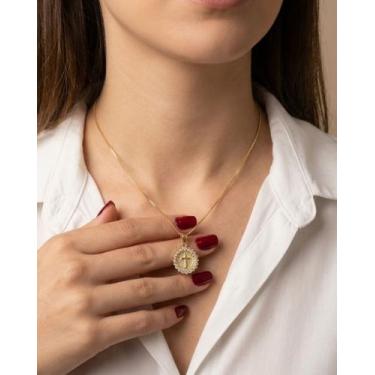 Imagem de Colar veneziana cruz com círculo cravejado - Banhado em ouro 18k - Val