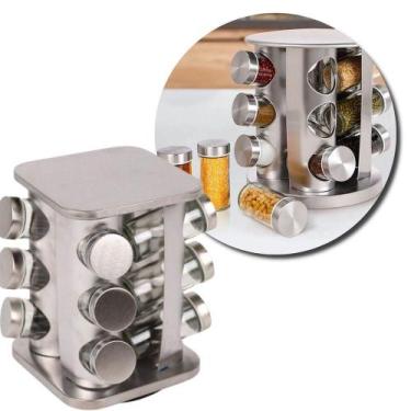 Imagem de Porta Condimentos E Temperos Giratório Com 12 Potes Em Aço Inox E Vidr