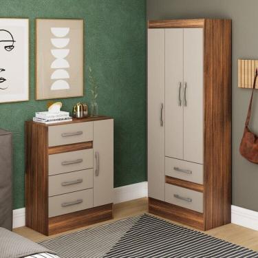 Imagem de Quarto Completo com Guarda-roupa 3 Portas 2 Gavetas e Cômoda 4 Gavetas e 1 Porta Castanho/Off-white