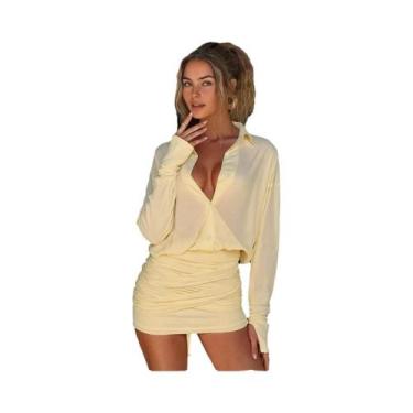 Imagem de Vestido Mini Feminino Kliou Em Malha Fina Com Manga Longa, Lapela E Bo