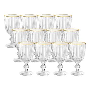 Imagem de Jogo 12 Taças para Água Melina Premium Vidro Borda Dourada 260ML Transparente Hauskraft