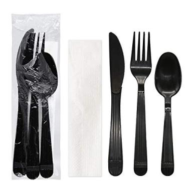 Imagem de Party Essentials Kits de utensílios de plástico resistente embalados individualmente, 50 conjuntos para bufê de festa, garfo/colher/faca/guardanapo, preto