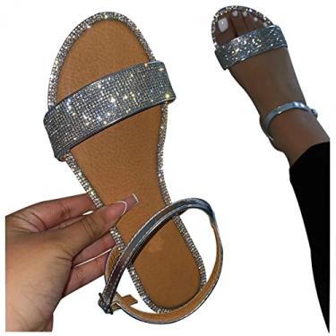 Imagem de Sandálias de praia para mulheres sandálias planas de verão dedo aberto sandálias plataforma de praia chinelos sapatos elegantes de trama romana, Prata, 10