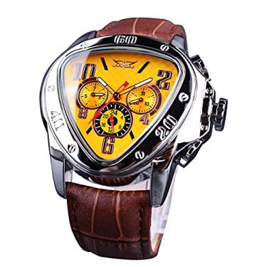 Imagem de Winner Relógio de pulso mecânico moderno, mostrador de corrida triangular, à prova d'água, mostrador esqueleto dourado, movimento automático, design de couro, relógio mecânico masculino, Preto dourado