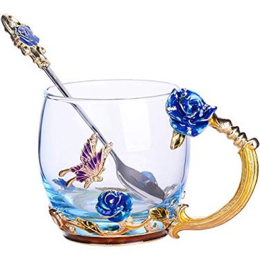 Imagem de Caneca de café com colher de chá com flor esmaltada feita à mão, ideal para amigos presentes de aniversário de casamento, Blue 12oz, 12 ounce