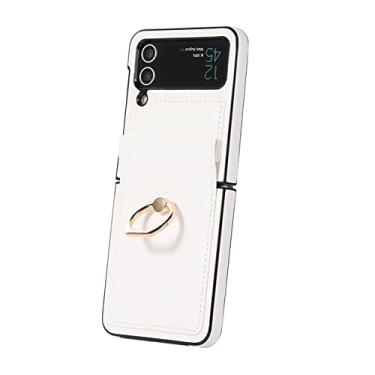Imagem de Capa de telefone com suporte de anel para Samsung Z Flip4 Flip3 para Galaxy Z Flip 4 3 5G capa de couro protetora dobrável com tudo incluído, branca, para Galaxy Z Flip4