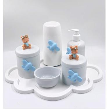 Imagem de Kit Higiene Bebê Porcelana Ursinho Aviador Bandeja Nuvem Garrafa 6Pçs