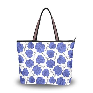 Imagem de ColourLife Bolsa feminina com alça superior, conchas azuis, palavra sereia, bolsa de ombro, Multicolorido., Large
