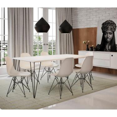 Imagem de Mesa Sala De Jantar Industrial Branca 135X75 Com 6 Cadeiras Brancas De Ferro Preto