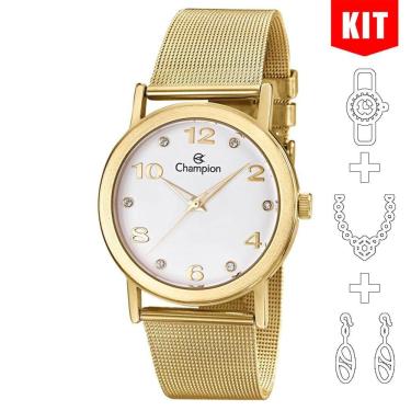 Imagem de Relógio CHAMPION KIT feminino branco dourado strass CN29034W