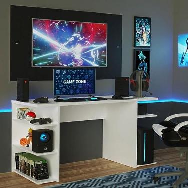 Imagem de Mesa para Computador Gamer Madesa 9409 e Painel para TV até 58 Polegadas - Branco/Preto