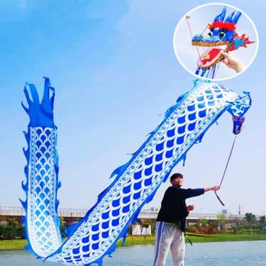 Imagem de 8 Meters (26.2 FT) Square Exercise Dance Dragon Poi with 3D Dragon Head and Swing Rope Combo, Chinese Dragon Dance Wulong Flowy Ribbon Streamer Outdoor Fitness Dragon Stage Prop Set (Celadon Blue)