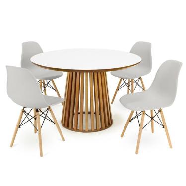 Imagem de Conjunto Mesa de Jantar Redonda Luana Amadeirada Branca 120cm com 4 Cadeiras Eames Eiffel - Cinza