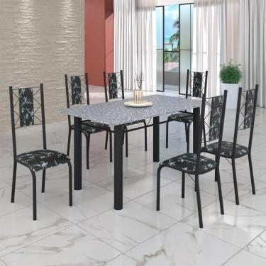 Imagem de Conjunto Sala de Jantar Bahia Mesa Tubo 140x75cm Tampo Pedra Granito com 6 Cadeiras Preto Floral/Preto Fosco