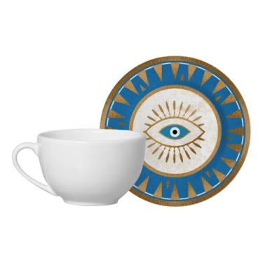 Imagem de Xícara Chá Branca Com Pires Olho Grego 250ml Alleanza Cerâmica