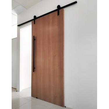 Imagem de Porta De Madeira + Kit De Correr 2m + Puxador Flat 1m Preto Cor:Carvalho