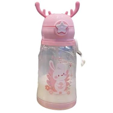 Imagem de Garrafa Infantil Bebe com Tampa e Canudo e Alça 600ml Chifre (Rosa)