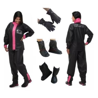 Imagem de Kit Capa de Chuva PVC Pantaneiro Feminina Motoqueiro P + Polaina G + Luva Impermeável
