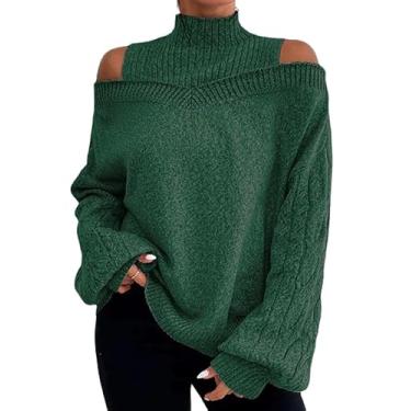 Imagem de Suéter feminino casual de malha de cor sólida pulôver de manga comprida suéter de gola rolê, Verde escuro, XX-Large
