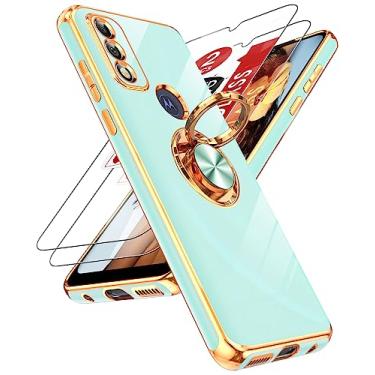 Imagem de LeYi Capa para celular Motorola G Pure com protetor de tela de vidro temperado [2 unidades] suporte magnético giratório de 360°, capa protetora com borda de ouro rosa, verde menta