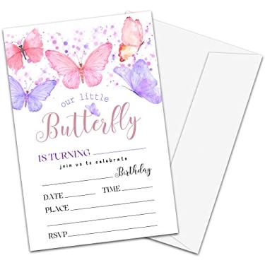 Imagem de NYCTUG Cartões de convite de festa de borboleta, convite de festa de borboleta rosa roxa para adolescentes meninos e meninas - suprimentos de celebração de festa infantil, 20 convites de preenchimento