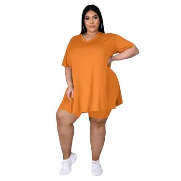 Imagem de Tycorwd Conjuntos femininos plus size de duas peças conjuntos de roupas de verão camisetas grandes shorts conjuntos de moletom, Laranja, 5X-Large Plus