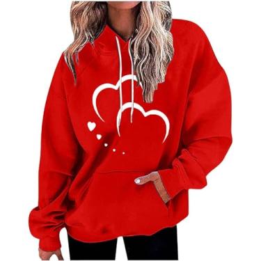 Imagem de Suéter feminino estampado dia dos namorados amor coração gráfico moletom solto manga 3/4 camisas presente para casais, Vermelho, 4G