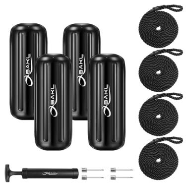 Imagem de OBAKL Pacote com 4 para-lamas para barco, 15 x 38 cm, com furo central canelado, para-lamas para ancoragem, vem com cordas e bomba para inflar (preto)