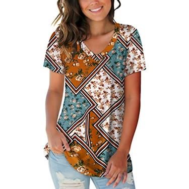 Imagem de SAMPEEL Camisetas femininas básicas de verão com gola V e manga curta, F03 - bloco de cores triplo, P