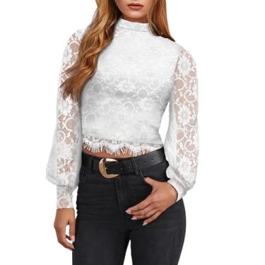 Imagem de Beverly Blusas femininas de renda de manga comprida – camiseta de gola redonda elegante casual patchwork floral, Branco, M