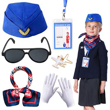 Imagem de Keymall Conjunto de acessórios de fantasia de comissário de bordo para crianças de aeromoça Kits de fantasia de anfitriã para meninas fantasia de cosplay de carreira de Halloween (azul)