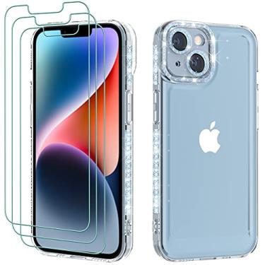 Imagem de Kedoo Capa Diamond Space compatível com iPhone 14, pacote com 3 protetores de tela de vidro HD, capa protetora de TPU macio à prova de choque de 6,1 polegadas, transparente