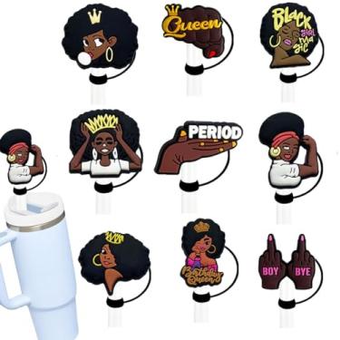 Imagem de Tampa de palha para Stanley Cup, topo de canudo de silicone reutilizável compatível com Stanley 30 & 1,134 g copo com alça tampas de ponta de canudo para Stanley (9 peças meninas negras)