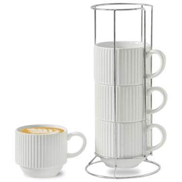 Imagem de Hasense Conjunto de 4 Xícaras de Café Empilháveis de 15 Onças com Suporte, Canecas de Café Listradas Verticais de Porcelana para Café, Chá, Cacau, Cappuccino, Latte e Americano
