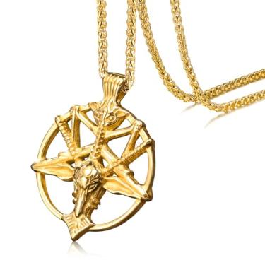 Imagem de Blowin Colar vintage dourado de aço inoxidável pentagrama panela, crânio, cabeça de cabra, pingente, sorte, satanismo, joia oculta