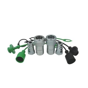 Imagem de 2 conjuntos 1/5.1 cm Ag ISO5675 Aço Carbono Hidráulico Desconexão Rápida Acoplamento Válvula Poppet, Tipo Pioneer com tampa de poeira de cor preta e verde