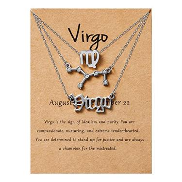 Imagem de PANTIDE Colares de camada do zodíaco virgem, 3 peças para mulheres, retrô, banhado a prata, 12 constelações, pingente de letra, requintado horóscopo, colar de signo do zodíaco inglês antigo para