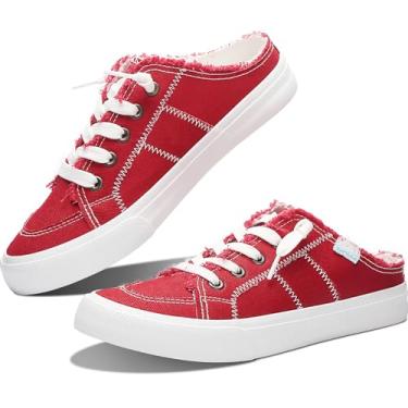 Imagem de Obtaom Tênis feminino de lona com espuma de memória, moderno, confortável, sem cadarço, mule frente única, Tela vermelha, 5